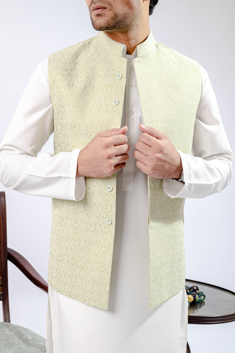 Light Green Jamawar Waist Coat A.Moosajee Sons