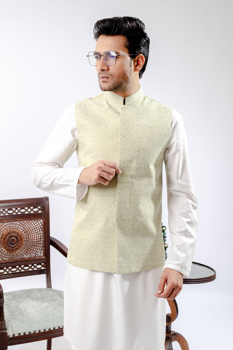 Green jamawar cheap waistcoat