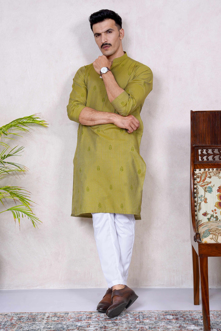 Festive Jamawar Block Print Mehandi Green Kurta