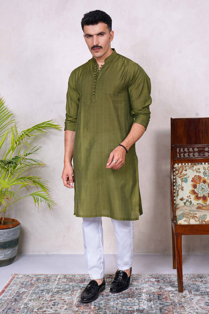 Festive Jamawar Striped Dark Olive Kurta