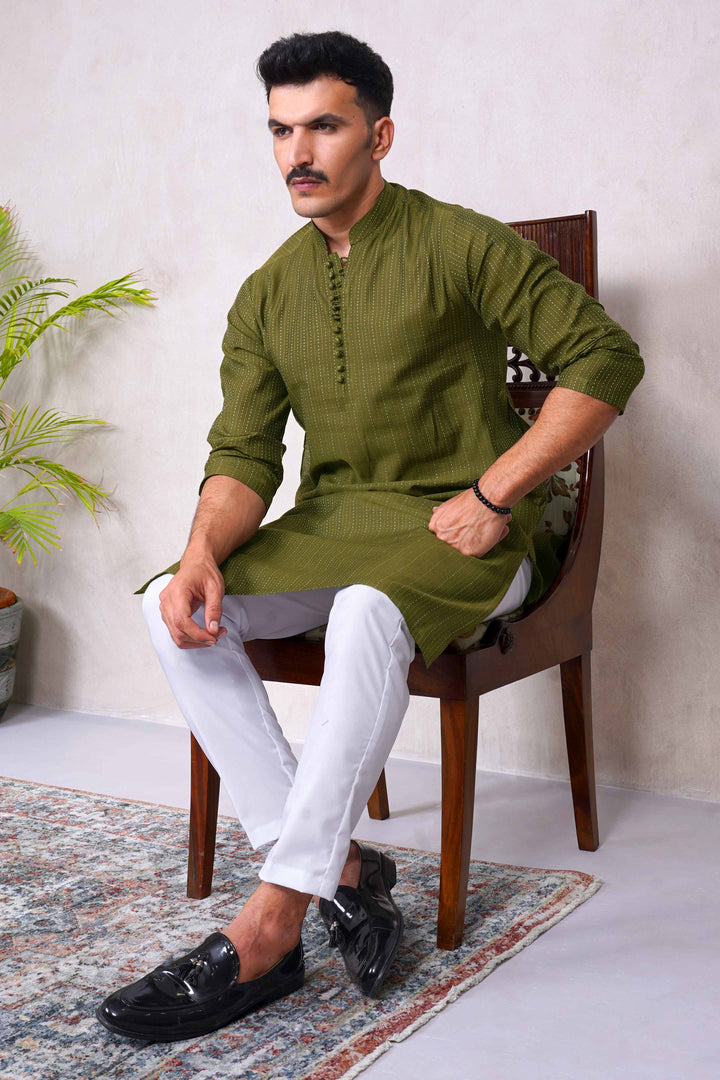 Festive Jamawar Striped Dark Olive Kurta