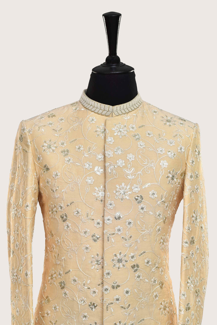 Traditional Embroidered Beige Sherwani