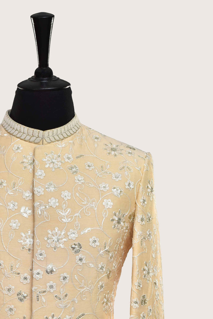 Traditional Embroidered Beige Sherwani