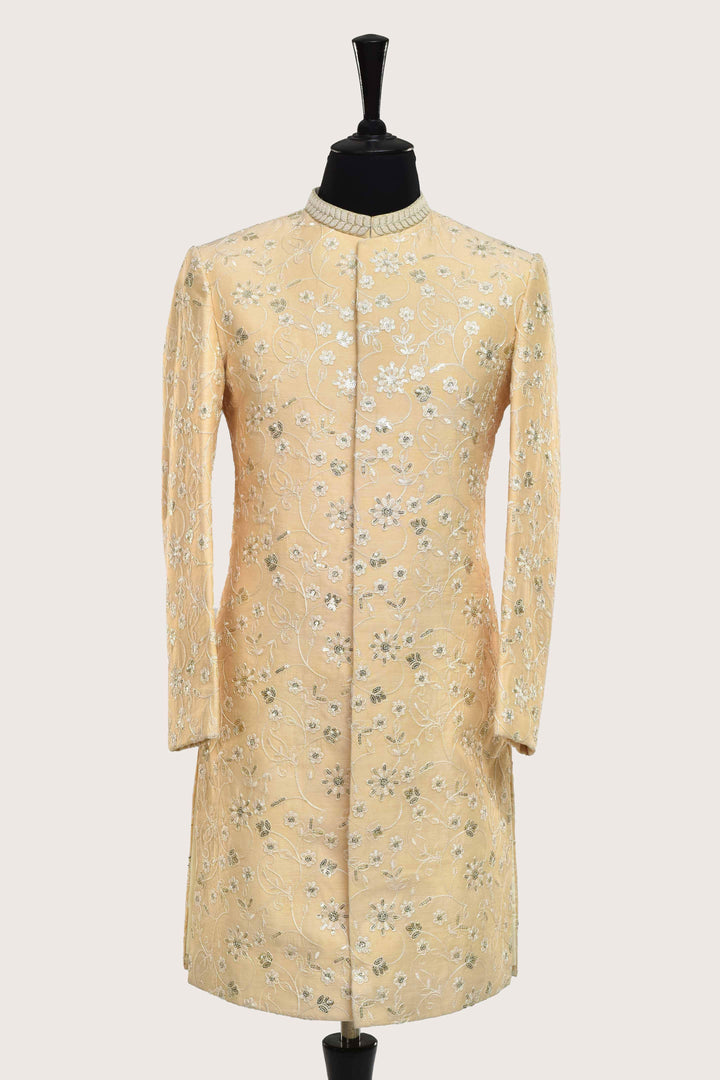Traditional Embroidered Beige Sherwani