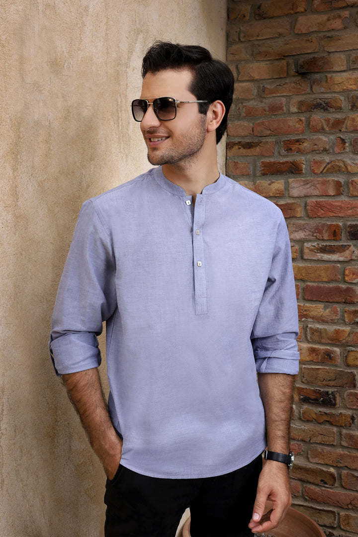 Blue Band Collar Casual Shirt