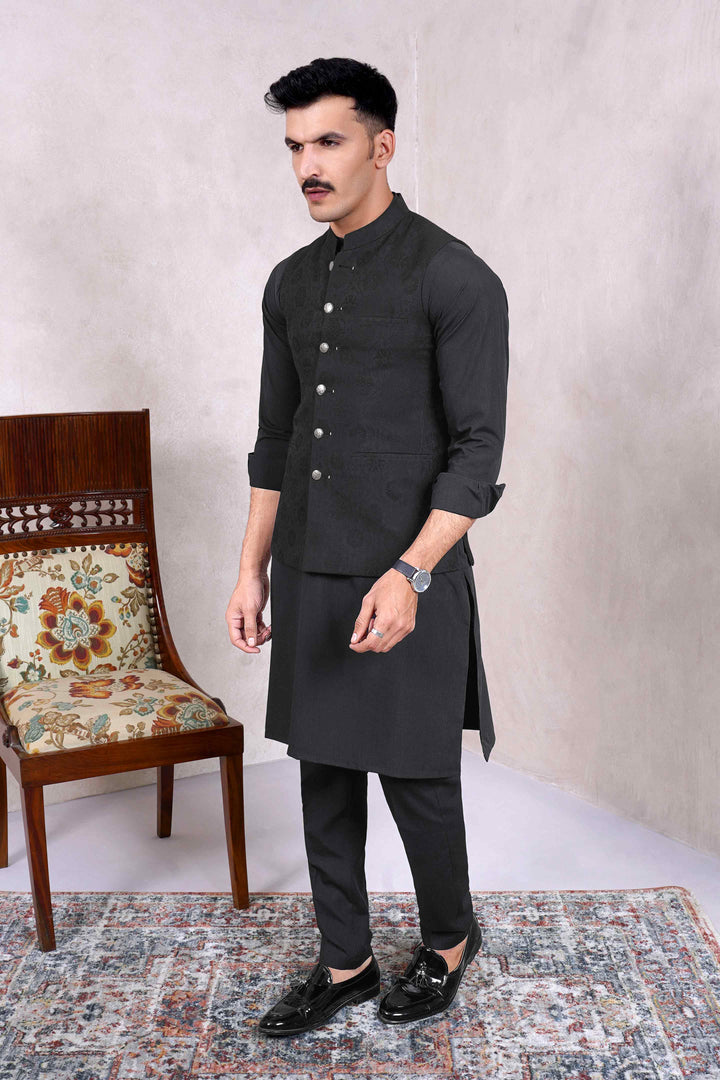Justuju Jamawar Black Waistcoat