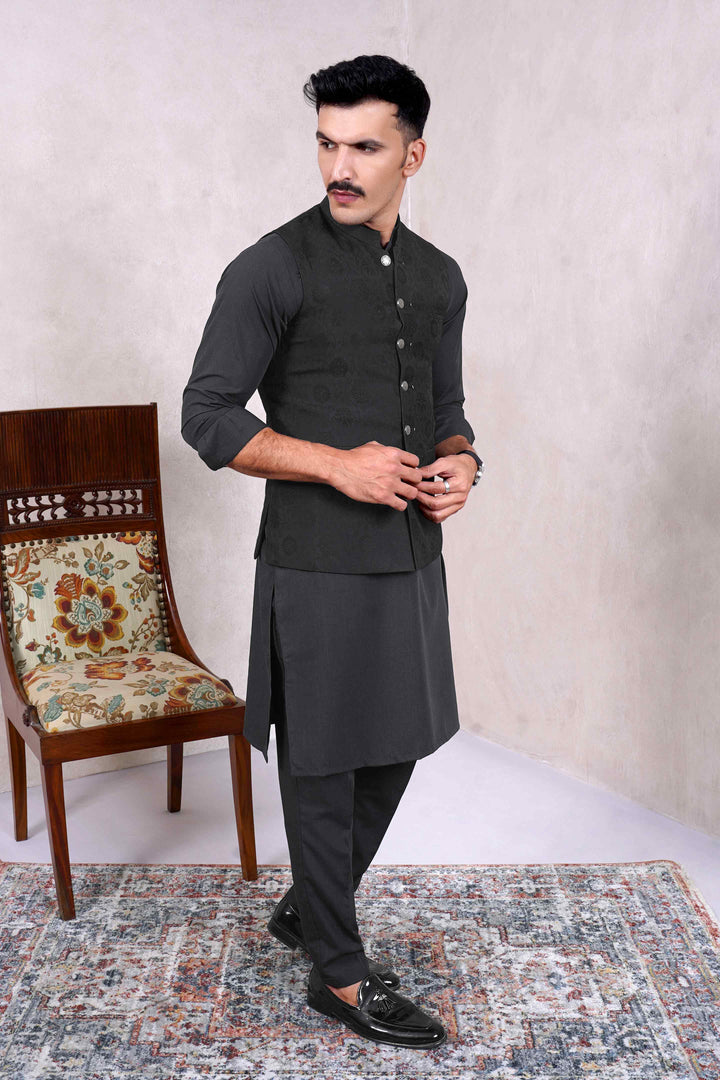 Justuju Jamawar Black Waistcoat