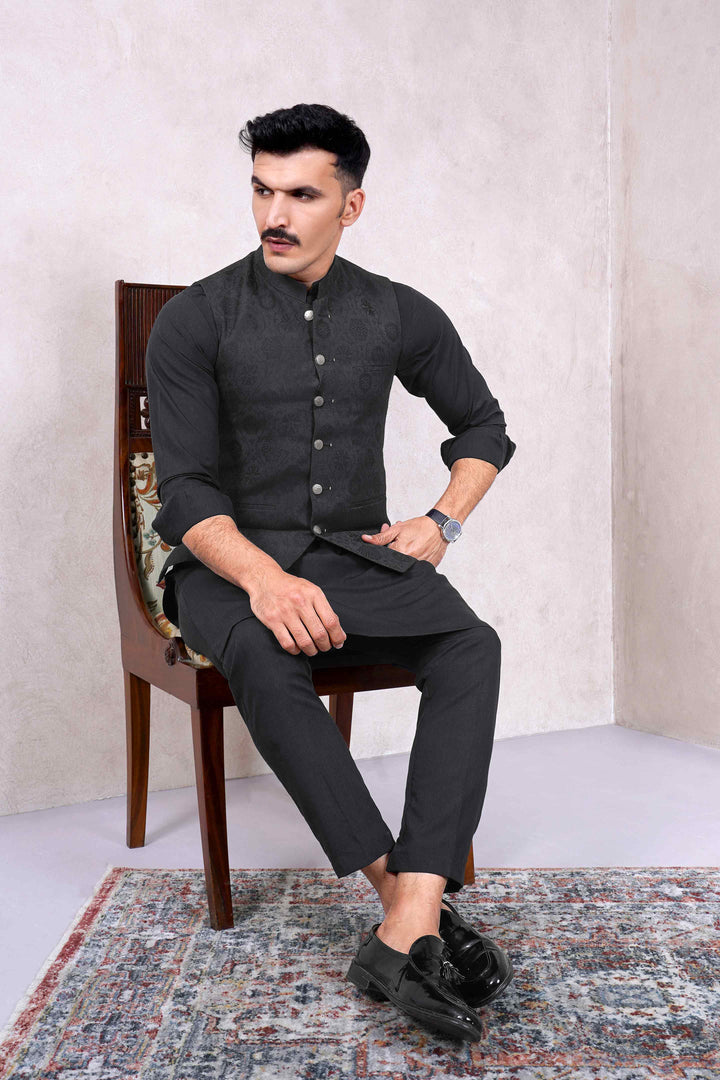 Justuju Jamawar Black Waistcoat A.Moosajee Sons