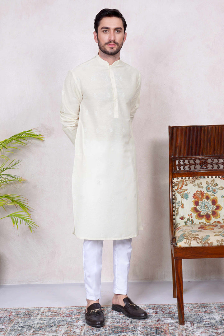 Festive Karandi Embroidered Cream Kurta