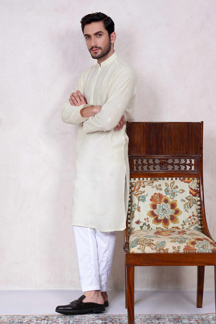 Festive Karandi Embroidered Cream Kurta