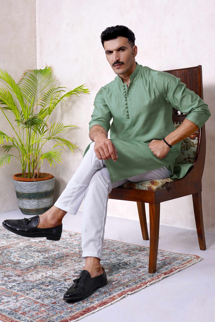 Festive Jamawar Striped Sea Green Kurta