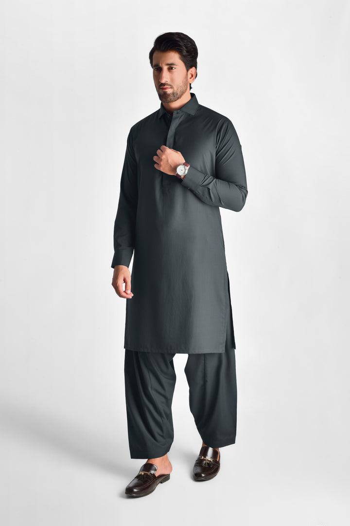 Tajassus Slate Grey Kameez Shalwar