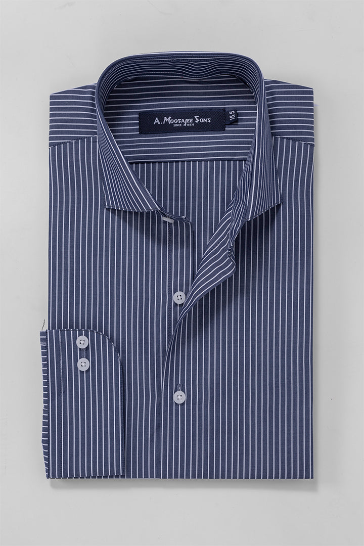 Navy White Mid Stripe Formal Mercerized Cotton Shirt