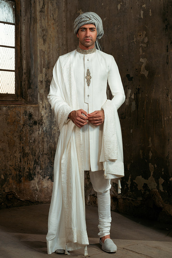 White Jamavar Embroidered Sherwani