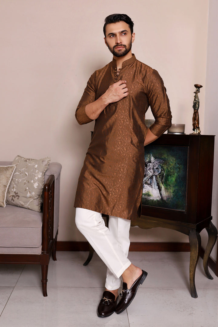 Festive Self Design Brown Kurta