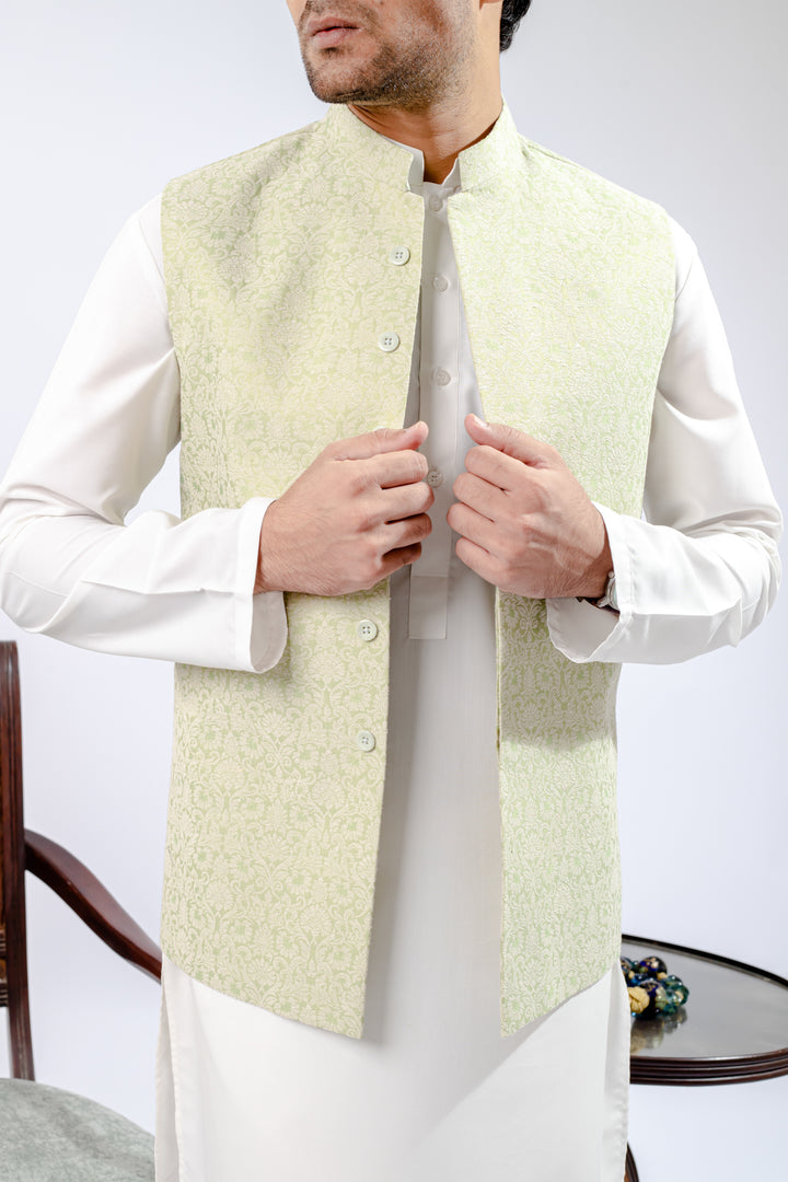 Light Green Jamawar Waist Coat