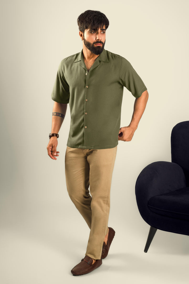 Summer Solid Olive Camp Collar Shirt