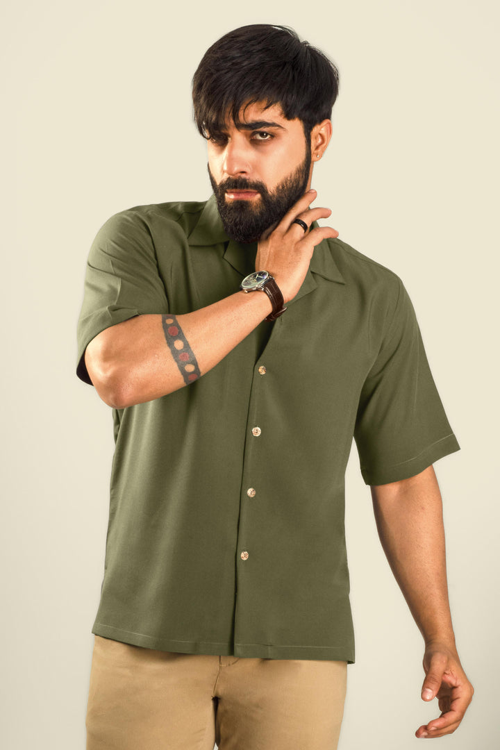 Summer Solid Olive Camp Collar Shirt