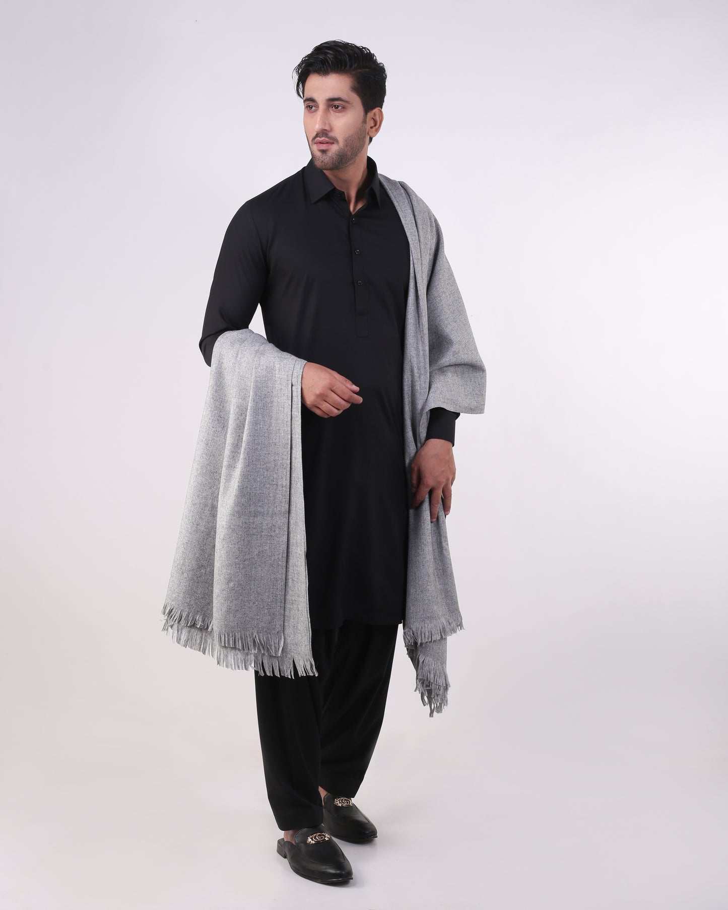 All Wool Silver Grey Shawls with Brick Slub