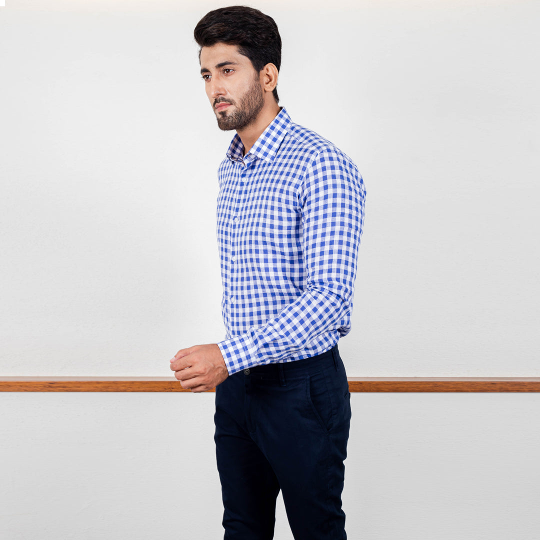 Cotton Large Check Shirt Blue