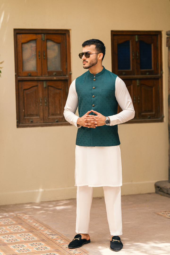 Emerald Green Self Design Waistcoat