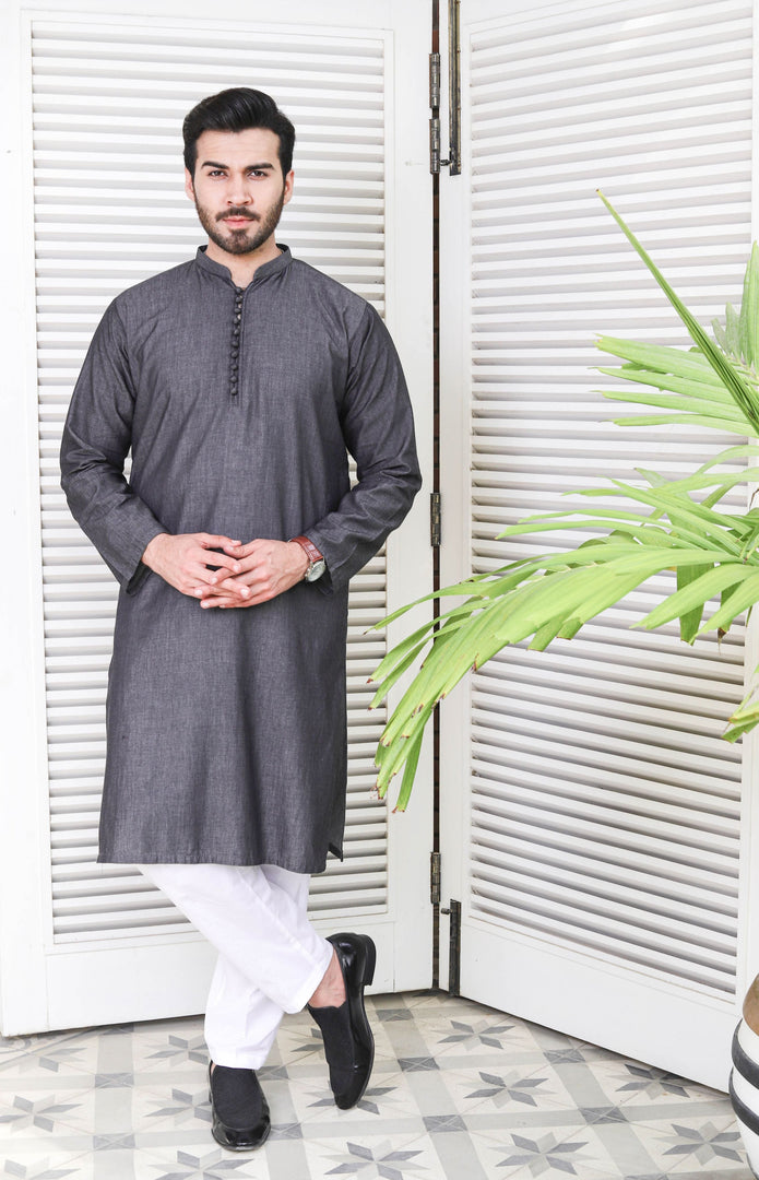 Denim Charcoal Loop Button Kurta