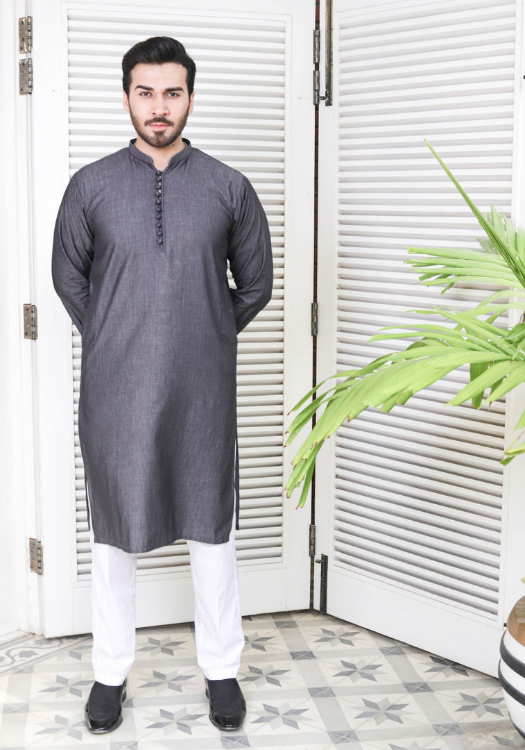Denim Charcoal Loop Button Kurta