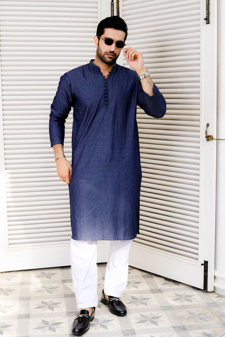 Denim Dark Blue Loop Button Kurta